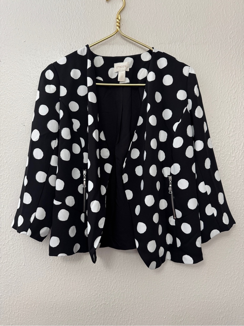 Chico's Black & White Polka Dot Open Front Jacket Size 0